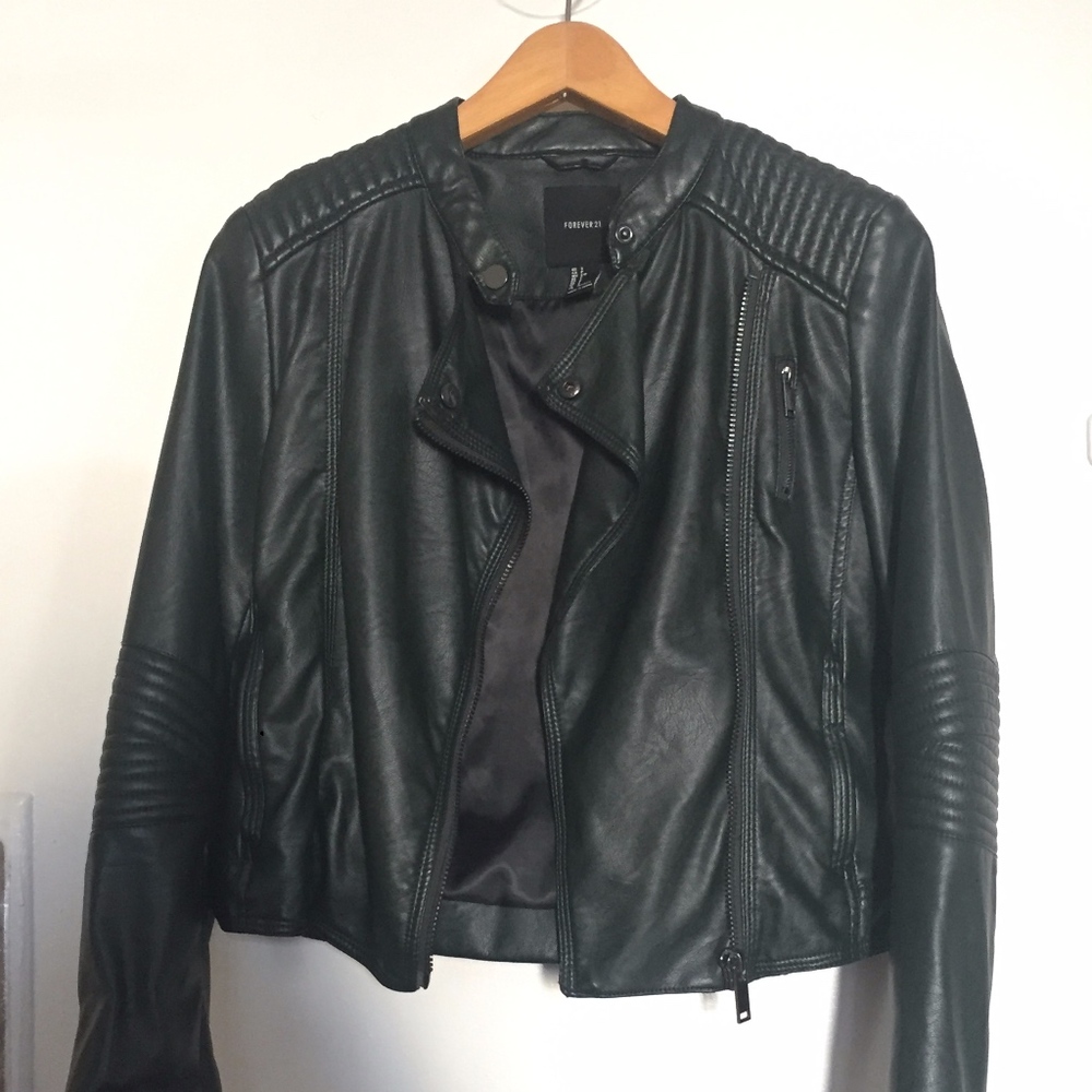 Dark Green Faux Leather Moto Biker Jacket
